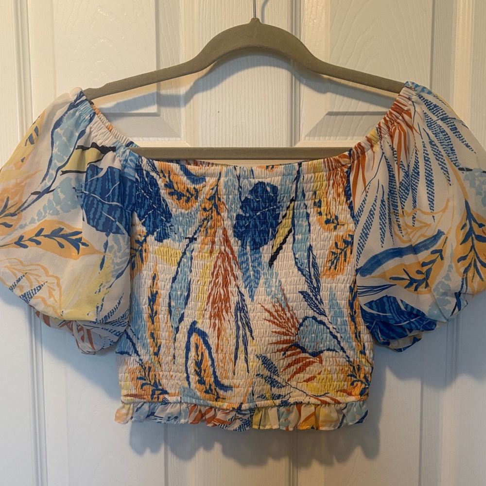 Flying Tomato Blue, Yellow & White Off-Shoulder Smocked Crop Top